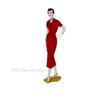 May include: Illustration of a red 1950s Object d'Art dress. The dress features a fitted bodice, short sleeves, and a knee-length skirt. The illustration includes a woman wearing the dress, gloves, and heels.
