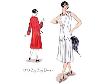Può includere: Due donne che indossano abiti in stile anni '20. La donna a sinistra indossa un vestito rosso con un motivo a zig-zag. La donna a destra indossa un vestito bianco con un motivo a zig-zag e una boa di piume nere. Il testo "1925 Zig Zag Dress" è sotto l'immagine.