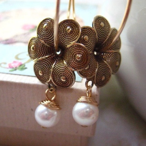 flower brass earrings tiny freshwater pearl dangle 14K gold filled hoops