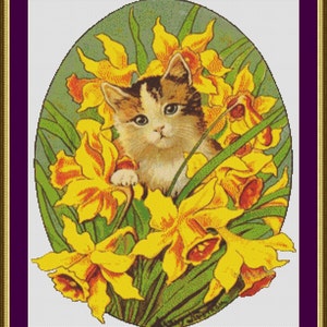 Kitten in Flowers - Counted Cross Stitch Pattern