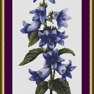 May include: A cross-stitch pattern featuring a bouquet of blue bellflowers with green leaves and stems.