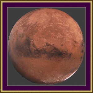 May include: A close-up image of the planet Mars, showing its red, rocky surface and craters. The planet is in focus against a dark gray background.