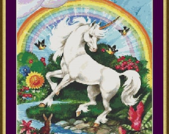 Regenbogen Garten Einhorn - Kreuzstich Zählmuster