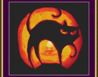 Black Cat Jack O'Lantern - Counted Cross Stitch Pattern