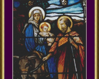 Stained Glass Baby Jesus, Mary and Joseph - Counted Cross Stitch Pattern