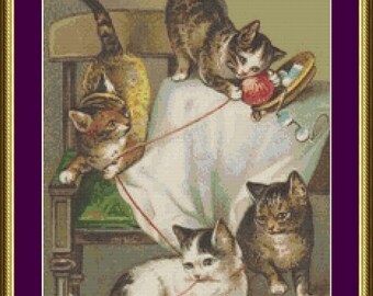 Kittens Playing with Yarn - Counted Cross Stitch Pattern