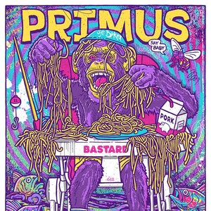 May include: A concert poster for the band Primus, featuring a purple monkey wearing a blue baseball cap, sitting in a high chair and eating spaghetti. The monkey is surrounded by fish and the text "Say Baby" and "Bastard" are visible. The poster is in a psychedelic style with bright colors and a swirling background.