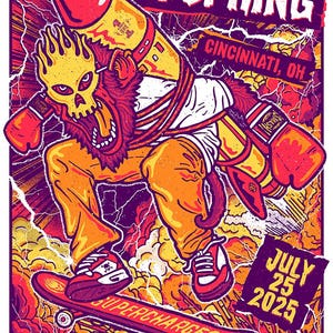 May include: A vibrant concert poster for The Offspring, featuring a skull-faced character with a rocket, boxing gloves, and a skateboard. The poster includes the text "CINCINNATI, OH", "JULY 25 2025", and "SUPERCHARGED". The Riverbend Music Center is also listed.