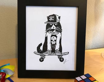 Skater Cat Skateboard 8x10 Black and White Print Wall Art Decor by GIGART