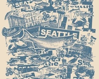 Seattle Pacific North West Vacation City Fish Collage Art Print - Etsy