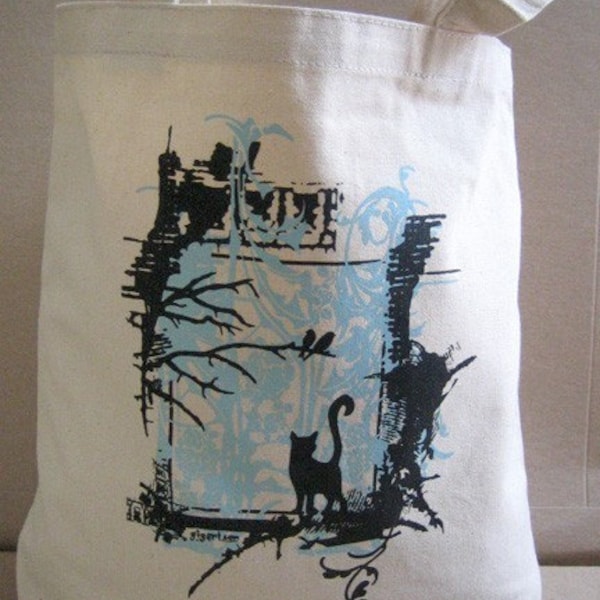 Blue Cat & Birds in Tree Cotton Hand Bag, Tote, Book Bag, Back to School, Gift Bag - Etsy