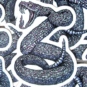 May include: A sticker featuring a detailed illustration of a coiled rattlesnake with a blue and purple color scheme. The snake's scales are intricately drawn and the snake's head is raised with its mouth open.