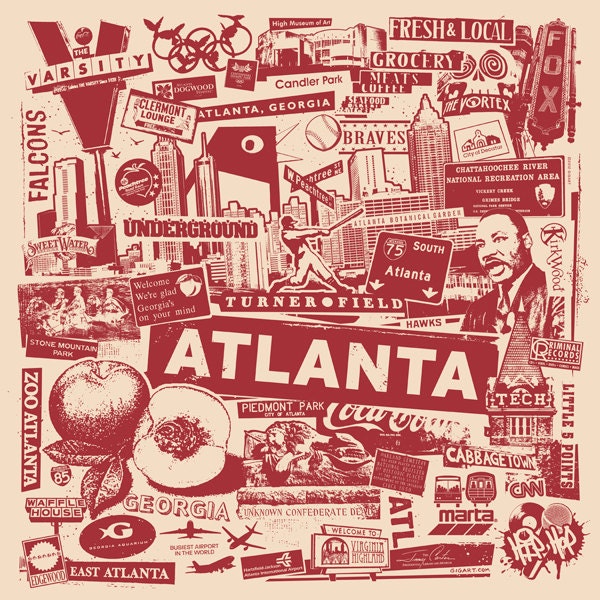 Atlanta Georgia City Silk Screen Collage Print Poster ATL MLK Falcons Braves Olympics Hip Hop - Etsy
