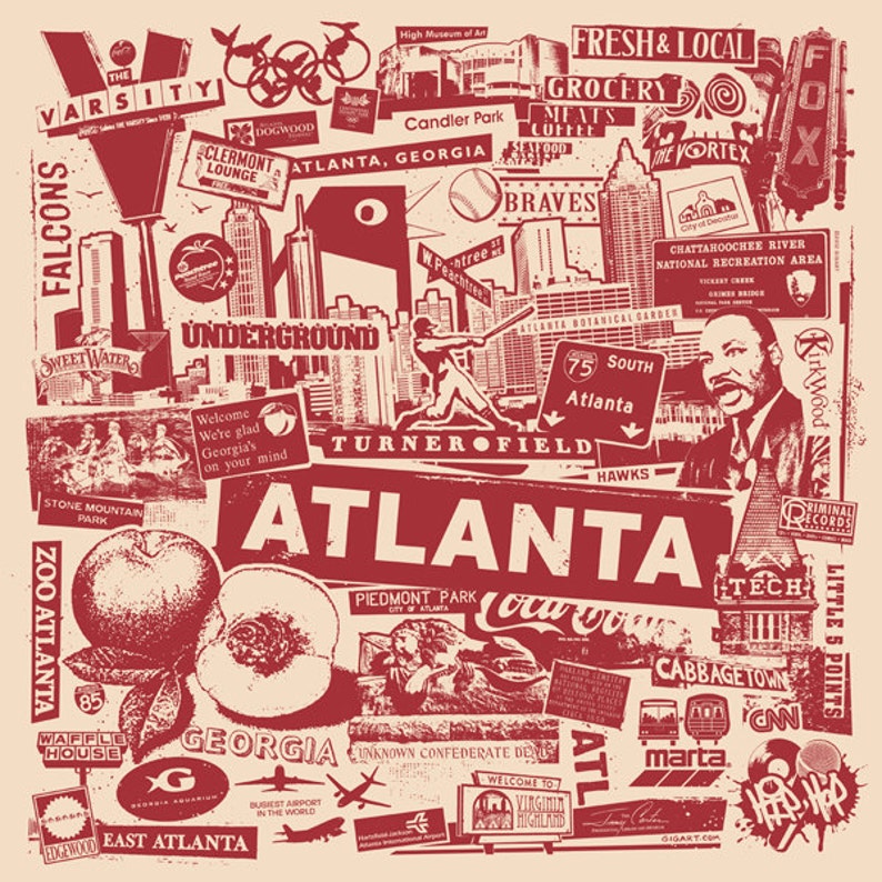 Atlanta City Silk Screen Collage Print Poster ATL MLK Falcons