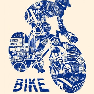 May include: A blue silhouette of a cyclist riding a bicycle, made up of various bicycle-related images and text, including "Share the Road", "Wear Your Helmet", "Stop", and "Lane Bikes Only".