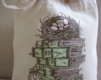 Green Stacked Books, Bird Nest, Clock, Bag, Tote, Bookbag, Back to School, Cotton, Library, Gift Bag - Etsy