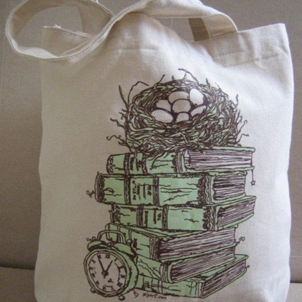 Green Stacked Books, Bird Nest, Clock, Bag, Tote, Bookbag, Back to School, Cotton, Library, Gift Bag - Etsy