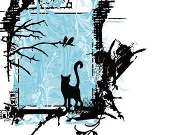 Blue Cat Bird Tree Ornate Silk Screened Print - Etsy