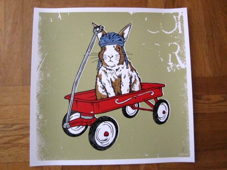 Bunny Rabbit Red Wagon Critter Silk Screened Poster Baby Nursery Gift Baby Shower Christmas Gift Present Etsy image 1