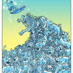 May include: A blue and white illustration of a surfer riding a wave made of lions. The wave is made up of many lions, all with their mouths open and their manes flowing. The surfer is in the air, with his surfboard in front of him. The background is a light blue and yellow gradient.