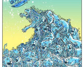 Surf Lion Wave Blue Ocean Collage Sunset Silk Screen Print - Etsy