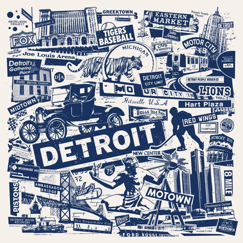 Detroit Michigan Motor City Car Collage Silk Screen Poster Etsy image 1