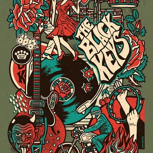 May include: A vintage-style poster with a green background features illustrations of a couple dancing, a devil, a guitar, and a motorcycle. The text "THE BLACK KEYS" is prominently displayed, along with tour details.