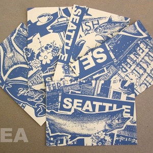 Seattle 5 Pack de soie sérigraphie Postards Imprime café marché public Fish Space Needle Tourist Vacation Gift