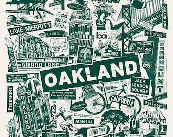 Oakland California Northern City Silk Screen Collage Print Poster Raiders Athletics - Etsy