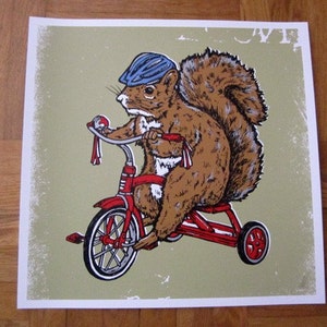 May include: A brown squirrel wearing a blue helmet rides a red tricycle with a white handlebar and white tires. The background is a light green with a distressed texture.