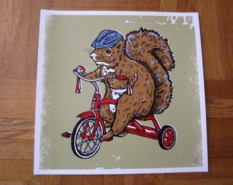 Squirrel on Red Tricycle Bike Critter Silk Screened Poster Baby Nursery Baby Shower Valentine's Day Present Gift - Etsy