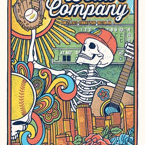 May include: A colorful poster for a Dead & Company concert at Fenway Park in Boston, Massachusetts on June 25, 2023. The poster features a skeleton wearing a baseball cap and holding a guitar, with a baseball glove and ball in the background. The poster also features a cityscape with a peace sign and flowers.