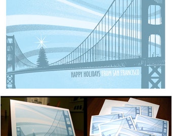 San Francisco Holiday Golden Gate Bridge Christmas Tree Card Pack - 16 Cards and 16 Envelopes