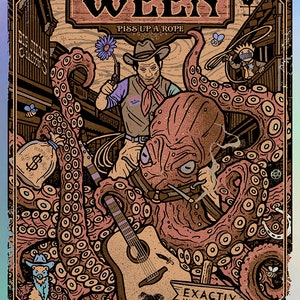 Póster de viaje de Boognish de Montana 2022 con variante de arcoíris, country, western, molusco, pulpo, vaquero y viejo oeste de GIGART.