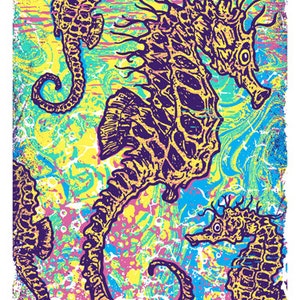 May include: Three colorful seahorse illustrations on a psychedelic background with swirls of pink, blue, yellow, and green. The seahorses are outlined in black and have a purple and yellow color scheme.