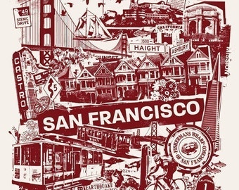 San Francisco Bay Area California West Coast Collage Silk Screen Travel Poster - Etsy