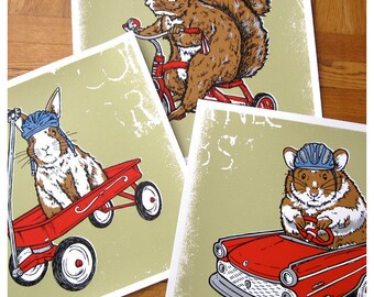 Safety First Critter 3 Pack Poster Deal Squirrel Hamster Bunny Baby Nursery Gift Quirky Bike Wagon Car Prints - Etsy