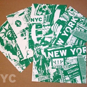 Pacote com 5 mini impressões serigrafadas de Nova York, NYC, Estátua da Liberdade, horizonte, metrô, táxi, grafite, cartões postais verdes - Etsy