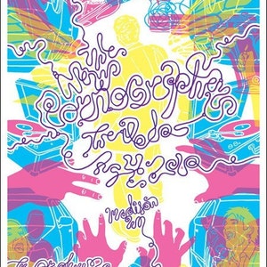 May include: A colorful poster advertising a concert by the band "The New Pornographers" with the text "The New Pornographers, The Ride, Aug 1, 2018, Madison, The Orpheum".