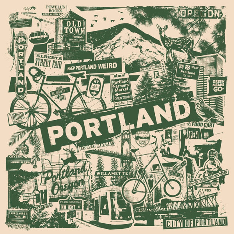 Portland Oregon Silk Screen Collage PDX City Print Etsy Etsy