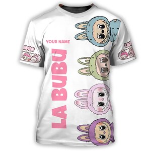 Gepersonaliseerde naam T-shirt, aangepaste schattige cartoon kawaii grafisch T-shirt - pastel uniseks top cadeau voor vrouwen kinderen meisjes, verjaardagscadeau kleding