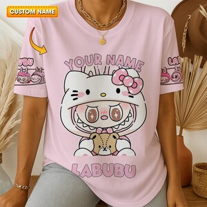 Custom Labubu Shirts - Personalized Hello Kitty Style Kawaii Tee, Cute LA BUBU Cartoon Character Graphic Pink Clothing, Funny Gift for Girls