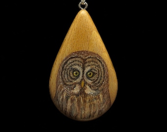 Great Gray Owl on Beechnut Wood Pendant