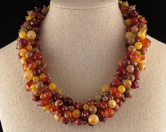 Multi Stone Cluster Necklace Beaded Statement Necklace Fall Colors Agate Jasper