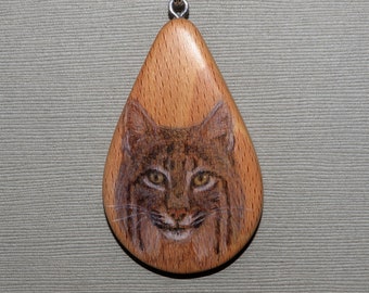 Bobcat on Beechnut Wood Pendant