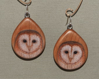 Barn Owl on Cherry Wood Earrings