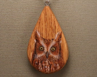 Screech Owl on Oak Wood Pendant