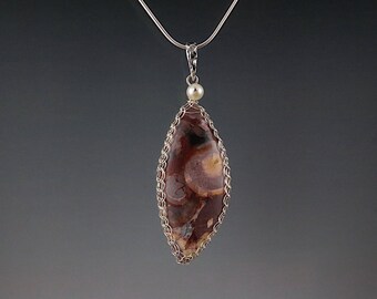 Bird's Eye Rhyolite Pendant Necklace Sterling Silver Viking Knit Wire Wrapped