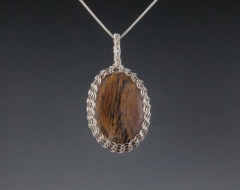 Petrified Wood Pendant Necklace Sterling Silver Viking Knit Wire Wrapped