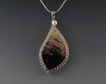 Petrified Palm Wood Pendant Necklace Sterling Silver Viking Knit Wire Wrapped
